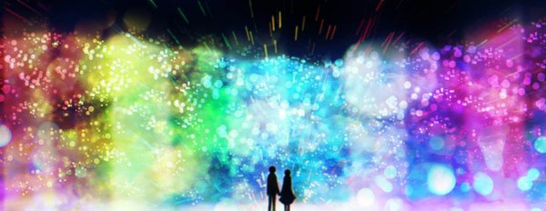 Anime picture 1450x563 with original harada miyuki wide image couple holding hands silhouette jpeg artifacts colorful girl boy