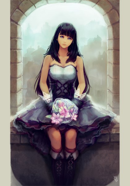 Anime picture 2448x3508 with original okuto single long hair tall image looking at viewer fringe highres breasts black hair sitting purple eyes bare shoulders signed cleavage bent knee (knees) indoors blunt bangs head tilt pillarboxed