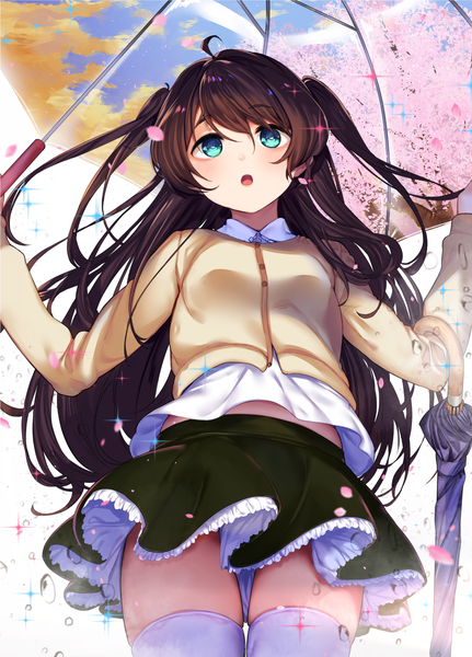 Anime picture 1057x1470 with original akagi asahito single long hair tall image looking at viewer blush fringe open mouth blue eyes brown hair standing :o sparkle from below two side up cherry blossoms frilly skirt closed umbrella double exposure