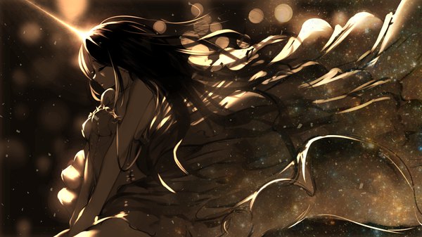 Anime picture 1920x1080 with original smile (qd4nsvik) single long hair highres black hair smile wide image bare shoulders eyes closed wind blurry strap slip hands clasped girl dress