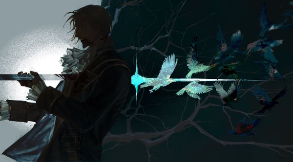 Anime picture 2048x1138 with assassin's creed (game) edward kenway mantangfeng single highres short hair blonde hair wide image looking away profile blood on face bloody clothes boy weapon animal sword bird (birds) blood