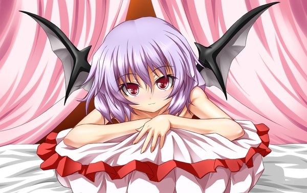 Anime picture 1900x1200 with touhou remilia scarlet roura single looking at viewer highres short hair red eyes purple hair girl wings