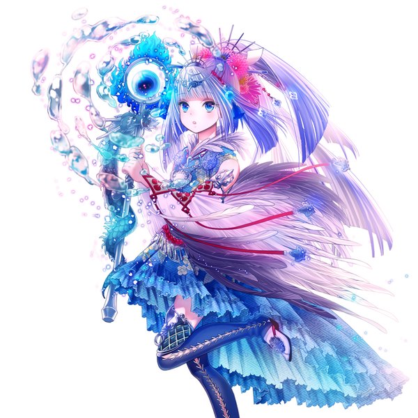 Anime picture 900x900 with original tamaki mitsune single long hair looking at viewer fringe blue eyes simple background standing white background silver hair ponytail blunt bangs parted lips hair flower :o magic floral print standing on one leg magical girl