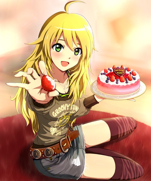 Anime picture 1200x1440 with idolmaster idolmaster cinderella girls hoshii miki hina (araburu-hinadori) single long hair tall image blush blonde hair green eyes ahoge girl thighhighs skirt food belt sweets berry (berries) cake strawberry