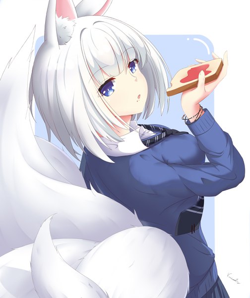 Anime picture 2480x2953 with azur lane kaga (azur lane) voids single tall image looking at viewer fringe highres short hair breasts open mouth blue eyes standing signed animal ears white hair tail blunt bangs long sleeves animal tail