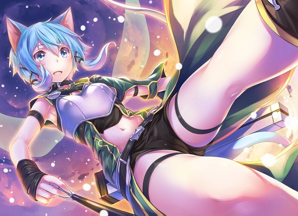 Anime picture 1200x871 with sword art online a-1 pictures asada shino hinasaki you single blush short hair open mouth blue eyes animal ears blue hair tail animal tail cat ears cat girl cat tail girl navel wings shorts