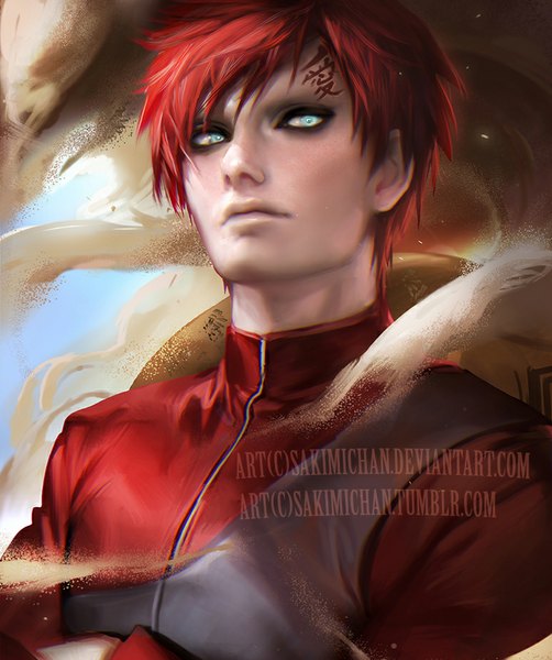 Anime picture 773x924 with naruto studio pierrot naruto (series) gaara sakimichan single tall image looking at viewer short hair blue eyes signed red hair realistic facial mark watermark crossed arms eyeshadow sand jinchuriki boy