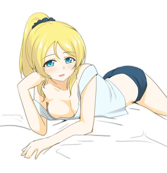 Anime picture 850x882 with love live! school idol project sunrise (studio) love live! ayase eli nanotsuki single long hair tall image looking at viewer fringe breasts blue eyes light erotic simple background blonde hair ponytail lying parted lips head tilt arm support