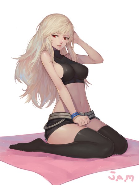 Anime picture 3000x4000 with dungeon and fighter tagme (character) jam (nandade) single long hair tall image fringe highres breasts light erotic simple background blonde hair red eyes white background sitting signed payot full body white hair lips
