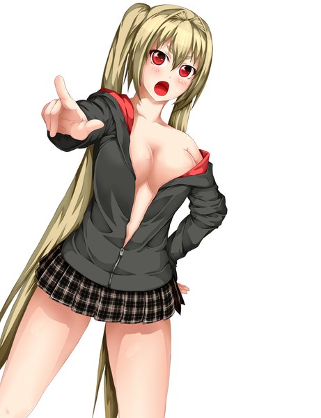 Anime picture 1000x1300 with original ayase tamaki single long hair tall image blush breasts open mouth light erotic simple background blonde hair red eyes white background twintails pointing girl miniskirt