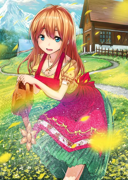 Anime picture 1001x1400 with original kamome yuu long hair tall image looking at viewer blush fringe open mouth blue eyes standing sky cloud (clouds) wind orange hair leaning leaning forward mountain field girl flower (flowers)