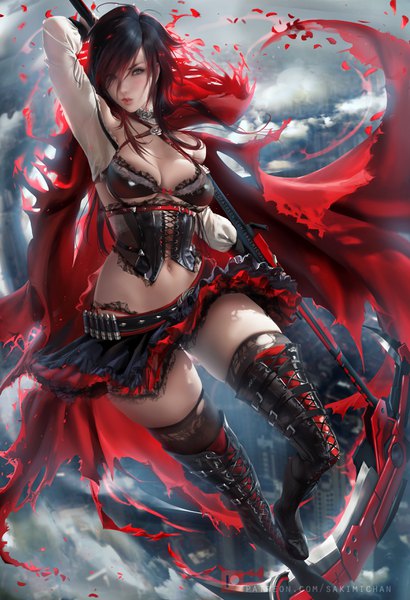 Anime picture 2395x3500 with rwby rooster teeth ruby rose sakimichan single tall image looking at viewer highres short hair breasts light erotic black hair large breasts holding sky cleavage cloud (clouds) full body red hair multicolored hair