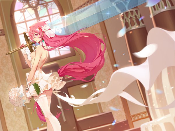 Anime picture 1331x999 with original mosquito coils single looking at viewer blush fringe breasts light erotic hair between eyes standing bare shoulders holding payot pink hair indoors very long hair nail polish profile pink eyes fingernails