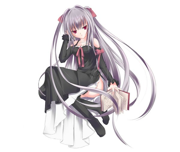 Anime picture 1000x841 with original doa (wabisabi) single light erotic simple background red eyes white background bare shoulders looking away full body very long hair grey hair two side up girl thighhighs dress black thighhighs detached sleeves book (books)