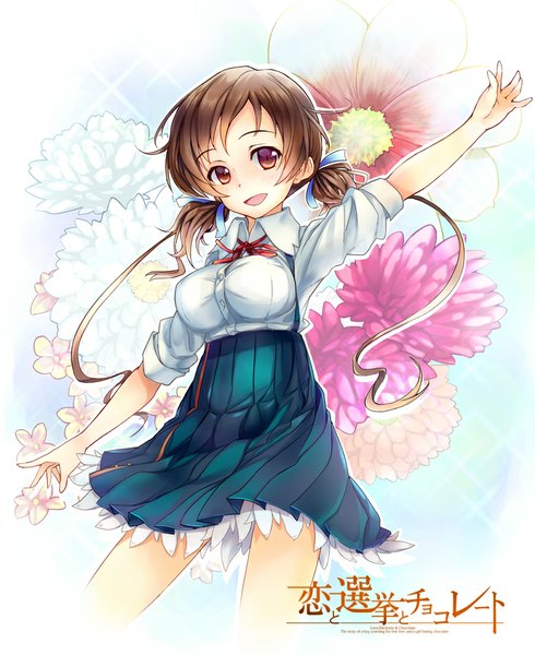 Anime picture 800x979 with koi to senkyo to chocolate aomi isara mirai denki single tall image looking at viewer open mouth brown hair purple eyes twintails pleated skirt low twintails outstretched arm hieroglyph short twintails twisty sleeves floral background girl skirt flower (flowers)