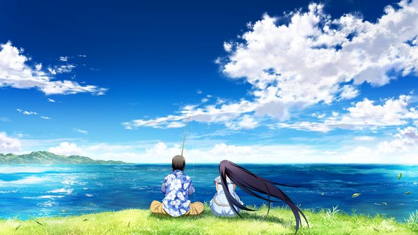 Anime picture 1280x720 with grisaia no kajitsu long hair short hair black hair wide image sitting game cg sky cloud (clouds) horizon girl boy shirt sea sundress