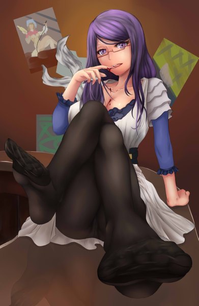 Anime picture 1634x2508 with tokyo ghoul studio pierrot kamishiro rize hei1905 single long hair tall image looking at viewer open mouth light erotic purple eyes purple hair pantyshot legs girl dress underwear panties pantyhose glasses