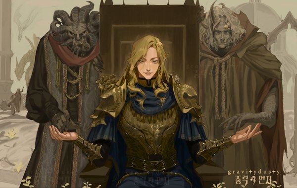 Anime picture 1775x1122 with elden ring godwyn the golden morgott the omen king mohg lord of blood margit the fell omen gravitydusty long hair looking at viewer highres blue eyes blonde hair smile sitting signed parted lips horn (horns) multiple boys monster boy boy armor