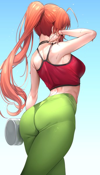 Anime picture 1720x3000 with idolmaster idolmaster shiny colors arisugawa natsuha tem10 single long hair tall image highres breasts light erotic simple background standing bare shoulders ahoge ass ponytail arm up from behind orange hair midriff