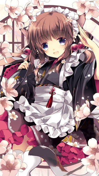 Anime picture 450x800 with original minazuki haruka single long hair tall image blush fringe open mouth blue eyes brown hair standing twintails traditional clothes japanese clothes hair flower cherry blossoms salute wa maid girl thighhighs