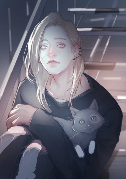 Anime picture 636x900 with original saito yukihiro single long hair tall image looking at viewer blue eyes blonde hair sitting yellow eyes indoors heterochromia piercing torn clothes ear piercing boy animal cat stairs