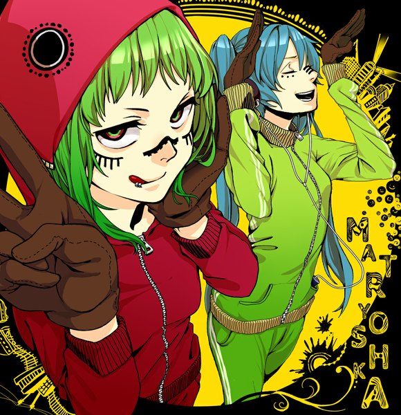 Anime picture 1118x1157 with vocaloid matryoshka (vocaloid) hatsune miku gumi tsukota tall image short hair open mouth smile twintails multiple girls green eyes blue hair eyes closed very long hair green hair casual girl gloves 2 girls
