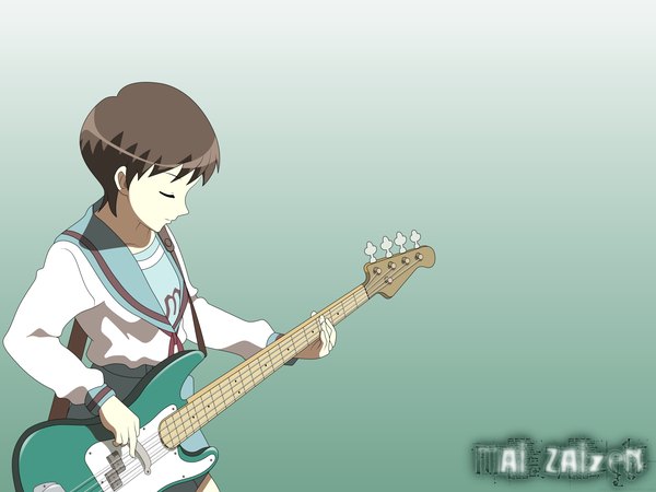 Anime picture 1600x1200 with suzumiya haruhi no yuutsu kyoto animation zaizen mai enoz girl serafuku guitar bass guitar