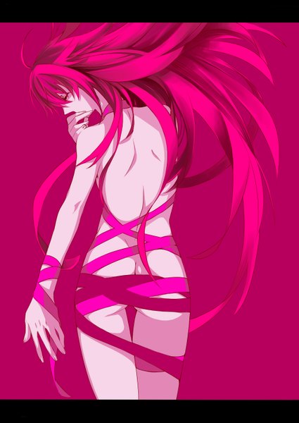 Anime picture 1003x1417 with kiddy grade gonzo eclair (kiddy grade) tayuya1130 single long hair tall image light erotic simple background pink hair ass eyes closed from behind back letterboxed pink background bare back naked ribbon girl ribbon (ribbons)