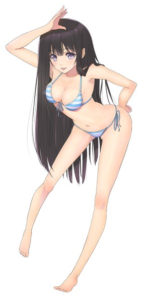 Anime picture 841x1800 with original kagerou (shadowmage) single long hair tall image looking at viewer blush breasts open mouth blue eyes light erotic black hair white background barefoot bare legs girl navel swimsuit bikini