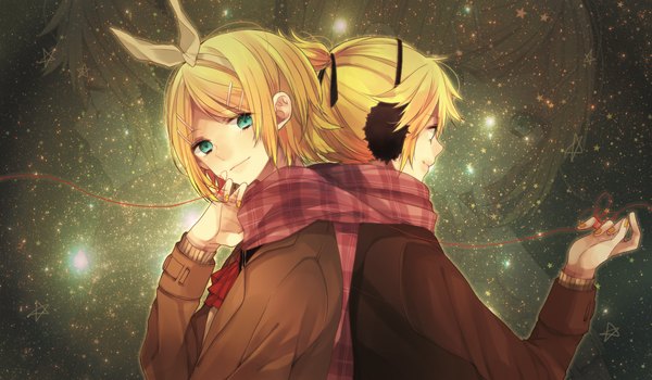 Anime-Bild 1200x700 mit vocaloid kagamine rin kagamine len xxxxxymdy looking at viewer short hair blonde hair smile wide image aqua eyes winter zoom layer twins back to back shared scarf girl boy hair ornament bow hair bow