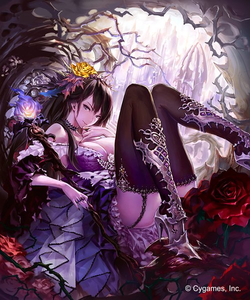 Anime picture 750x900 with shingeki no bahamut granblue fantasy rose queen hisakata souji single long hair tall image looking at viewer fringe breasts blue eyes light erotic black hair smile large breasts bare shoulders cleavage bent knee (knees) lying hair flower