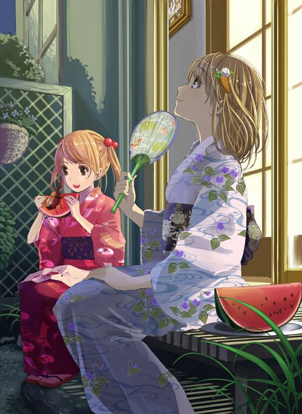 Anime picture 842x1154 with original yoropa tall image short hair blonde hair sitting multiple girls holding brown eyes traditional clothes japanese clothes looking up girl hair ornament 2 girls food kimono insect obi hair tie