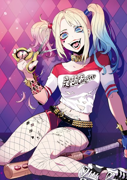Anime picture 1000x1414 with batman dc comics harley queen puppeteer7777 single long hair tall image looking at viewer open mouth blue eyes blonde hair smile sitting twintails holding blue hair pink hair multicolored hair arm support teeth