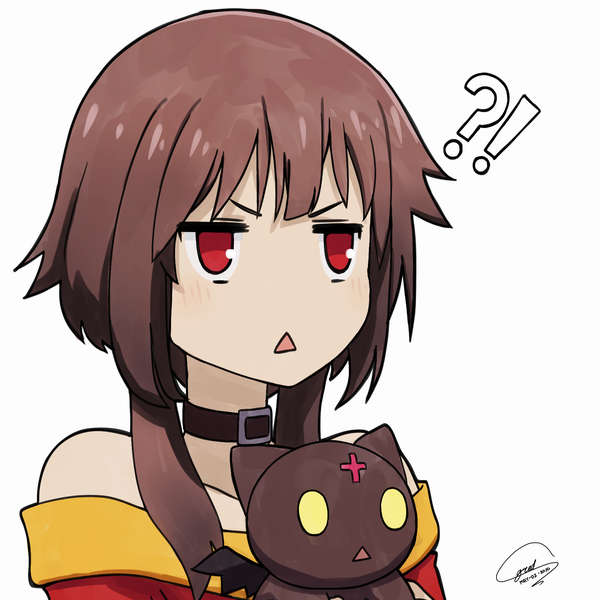Anime picture 1820x1820 with kono subarashii sekai ni shukufuku wo! studio deen megumin chomusuke greedydeviant single fringe highres short hair open mouth simple background red eyes brown hair white background bare shoulders signed payot looking away upper body blunt bangs
