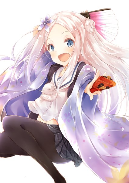 Anime picture 2507x3541 with hanayamata madhouse hana n. fontainestand hiiragi yashiro single long hair tall image looking at viewer highres open mouth blue eyes simple background white background pink hair pleated skirt hair flower bare belly teeth hair bun (hair buns) fang (fangs)