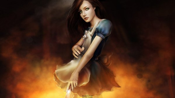 Anime picture 1600x900 with american mcgee's alice (game) alice: madness returns alice (american mcgee's) single long hair brown hair wide image green eyes girl dress apron knife