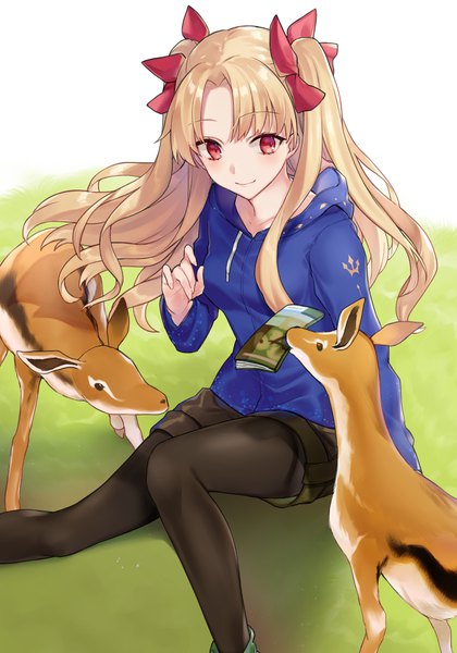 Anime picture 955x1363 with fate (series) fate/grand order ereshkigal (fate) shiao single long hair tall image blonde hair smile red eyes sitting looking away outdoors wind two side up alternate costume contemporary legwear under shorts girl ribbon (ribbons)