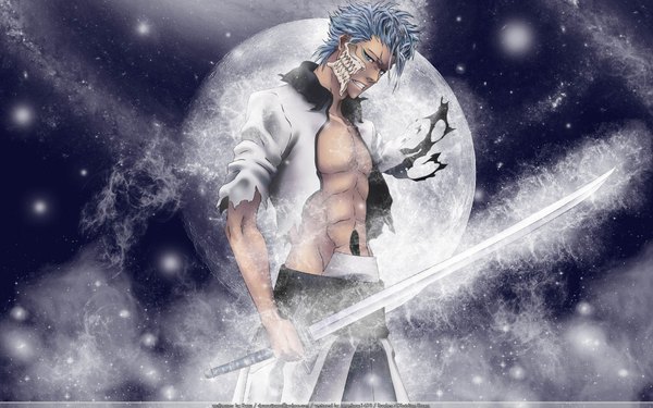 Anime picture 1920x1200 with bleach studio pierrot grimmjow jeagerjaques single highres short hair wide image blue hair wallpaper torn clothes espada boy weapon sword katana moon mask