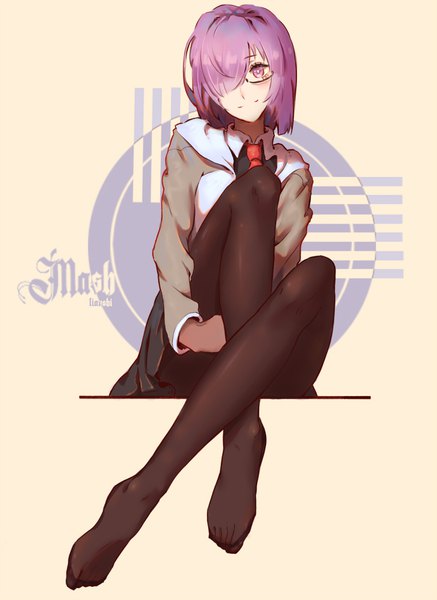 Anime picture 693x950 with fate (series) fate/grand order mash kyrielight atianshi single tall image looking at viewer fringe short hair sitting purple eyes purple hair full body hair over one eye no shoes character names crossed legs girl pantyhose glasses