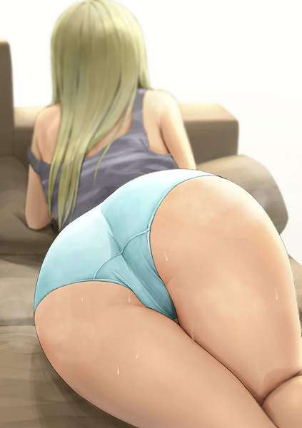 Anime picture 2115x3000 with original ano (gccx8784) single long hair tall image highres light erotic simple background blonde hair white background bare shoulders ass lying from behind blurry sweat pantyshot depth of field thigh gap strap slip