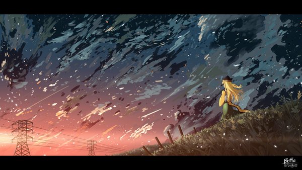 Anime picture 1920x1080 with touhou matara okina bottle (bottle1234) single long hair highres blonde hair wide image standing signed sky cloud (clouds) from behind dated evening sunset letterboxed scenic hill girl