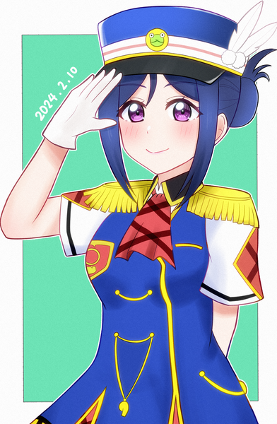 Anime picture 3200x4900 with love live! sunshine!! sunrise (studio) love live! matsuura kanan yzhr ark single long hair tall image looking at viewer blush highres breasts simple background smile purple eyes blue hair absurdres arm up hair bun (hair buns) border