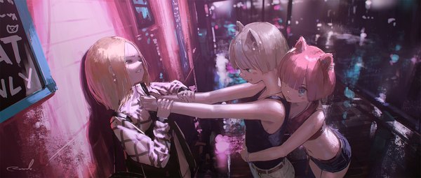 Anime picture 1698x724 with original reoen fringe short hair open mouth blue eyes blonde hair smile wide image standing bare shoulders multiple girls brown eyes signed animal ears looking away pink hair outdoors blunt bangs profile
