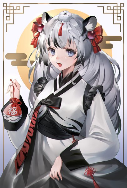 Anime picture 2400x3555 with original chungla single long hair tall image highres open mouth blue eyes holding animal ears silver hair traditional clothes :d multicolored hair streaked hair framed new year egasumi tiger ears korean clothes