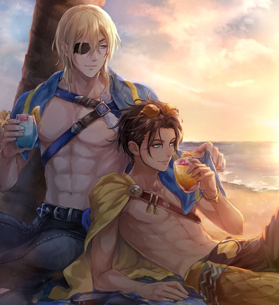 Anime picture 900x981 with fire emblem fire emblem: three houses fire emblem heroes nintendo dimitri alexandre blaiddyd claude von riegan hksi1pin tall image fringe short hair blue eyes blonde hair smile hair between eyes brown hair sitting holding green eyes looking away outdoors