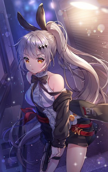 Anime picture 1200x1908 with girls frontline five-seven (girls frontline) rerin (rerin913) single long hair tall image looking at viewer fringe standing bare shoulders holding animal ears silver hair ponytail indoors blunt bangs open jacket sparkle orange eyes bunny ears