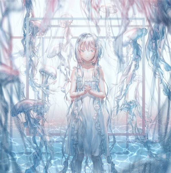 Anime picture 1300x1311 with original hoshi ame single tall image looking at viewer fringe hair between eyes standing brown eyes white hair very long hair nail polish parted lips fingernails sparkle partially submerged eyebrows girl dress hair ornament