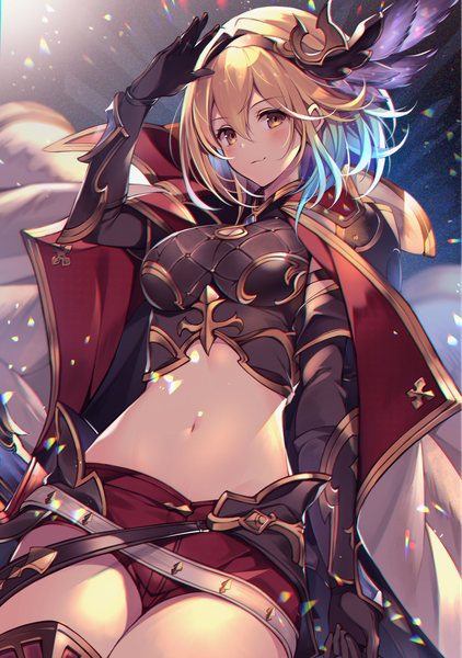 Anime picture 1055x1500 with granblue fantasy gita (granblue fantasy) homaderi single tall image looking at viewer blush fringe short hair breasts blonde hair hair between eyes standing brown eyes multicolored hair arm up light smile two-tone hair bare belly lens flare