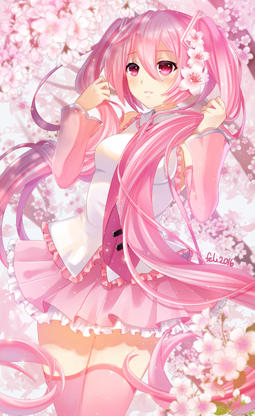 Anime picture 600x975 with vocaloid hatsune miku sakura miku felicia-val single tall image looking at viewer blush twintails pink hair very long hair pink eyes cherry blossoms girl thighhighs dress flower (flowers) plant (plants) petals tree (trees)