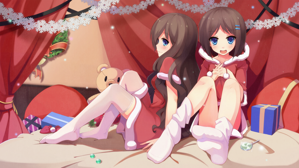 Anime picture 1920x1080 with original nerv110 long hair looking at viewer blush highres short hair open mouth blue eyes black hair wide image multiple girls fur trim christmas girl thighhighs 2 girls white thighhighs fur gift